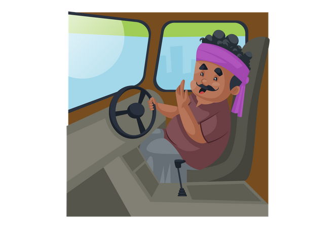 Truck driver sitting in the truck and holding steering with one hand  Illustration