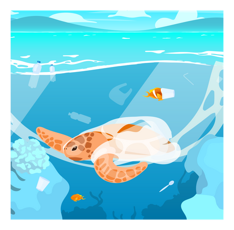 Turtle trapped in plastic garbage  Illustration