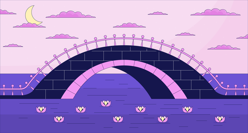 Twilight bridge across river  일러스트레이션