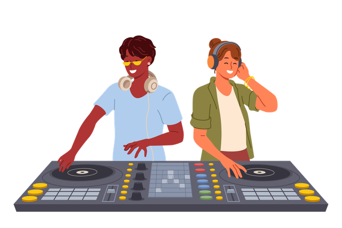 Two DJ use mixing console to entertain visitors to disco in nightclub  Illustration