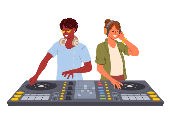 Two DJ use mixing console to entertain visitors to disco in nightclub  Illustration