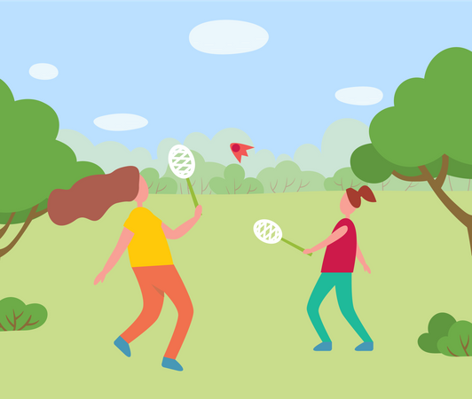 Two Girls Having Fun Playing Badminton Together  イラスト