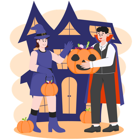 Two People Trick-or-Treating for Halloween Candy  イラスト