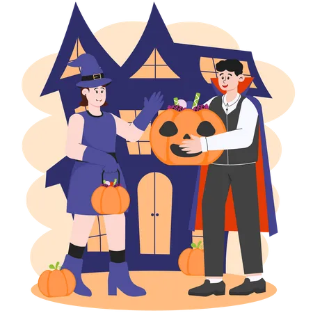 Two People Trick-or-Treating for Halloween Candy  イラスト