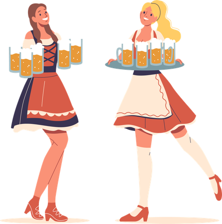 Two Smiling Women In Traditional German Costumes Holding Trays Of Beer dressed in Oktoberfest  Illustration