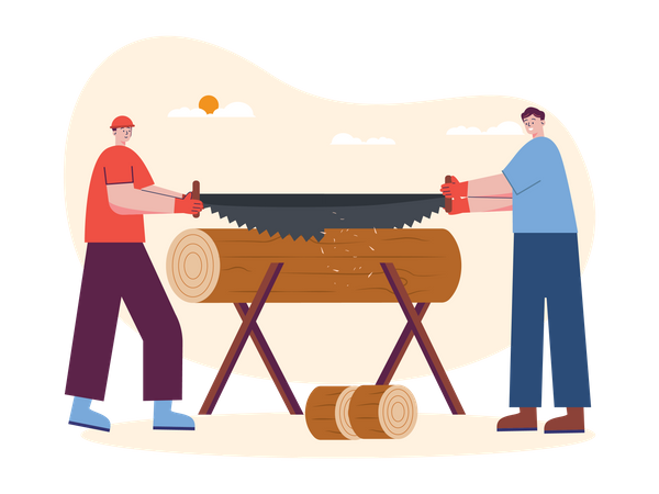 Two worker cutting wooden with big hand saw  Illustration