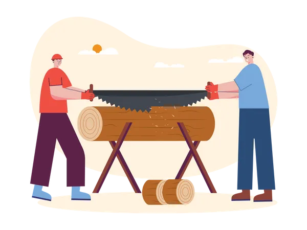 Two worker cutting wooden with big hand saw  Illustration