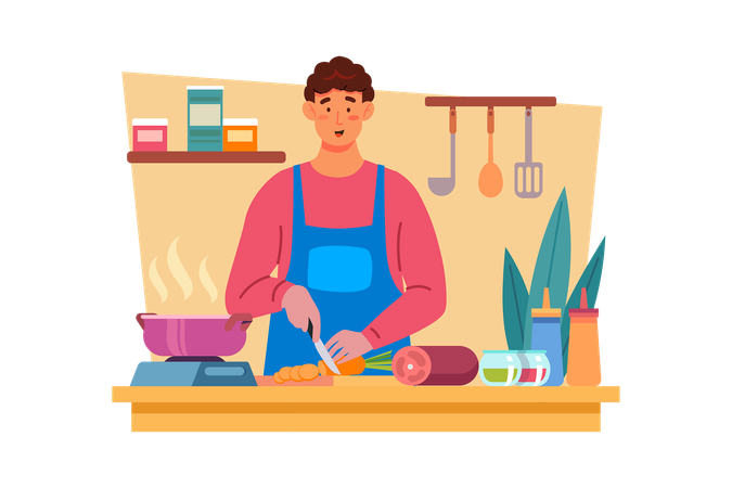 Um homem passa o dia cozinhando a refeição favorita da esposa para demonstrar seu amor  Ilustração