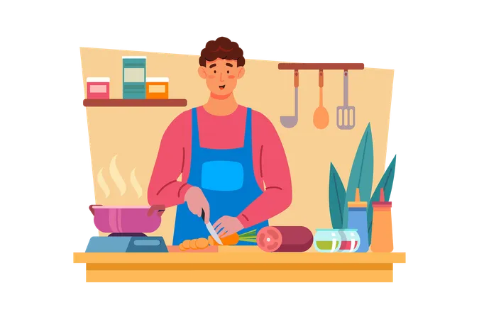 Um homem passa o dia cozinhando a refeição favorita da esposa para demonstrar seu amor  Ilustração