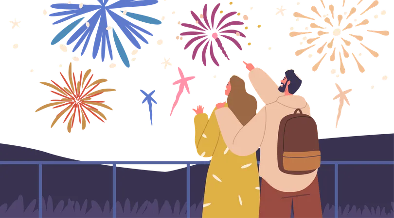 Un couple hypnotisé s'embrasse en regardant les feux d'artifice éclatants des fêtes  Illustration