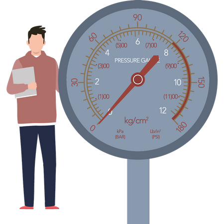 Un garçon debout à côté d’un compteur de vitesse  Illustration