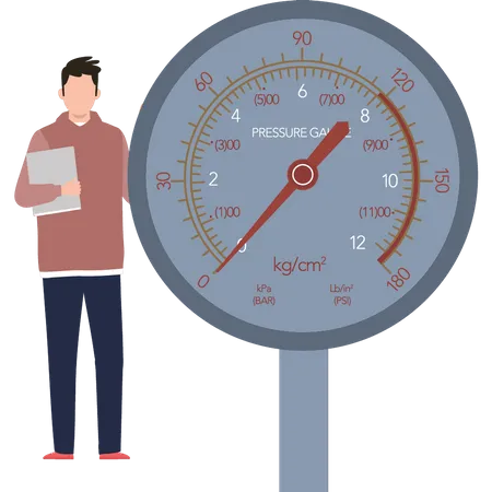 Un garçon debout à côté d’un compteur de vitesse  Illustration