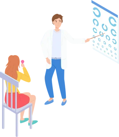 Un oculiste montre les yeux à la table pour un examen visuel d'une femme assise sur une chaise  Illustration