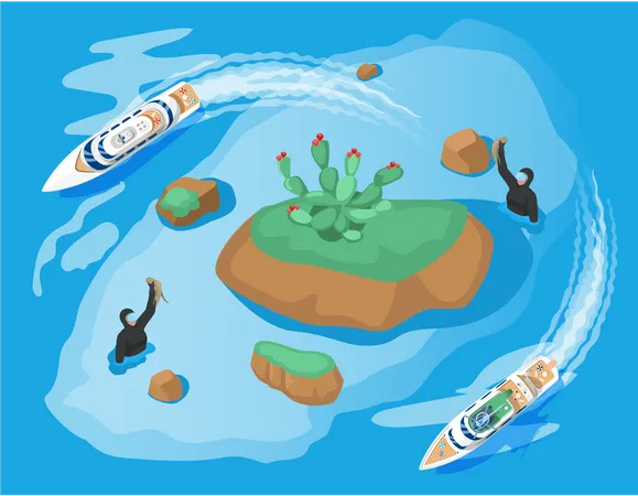 Un plongeur sous-marin dans l'eau explore l'océan près d'une île tropicale  Illustration