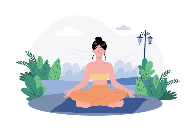 Una mujer practica meditación en un tranquilo jardín para empezar el día con tranquilidad  Ilustración