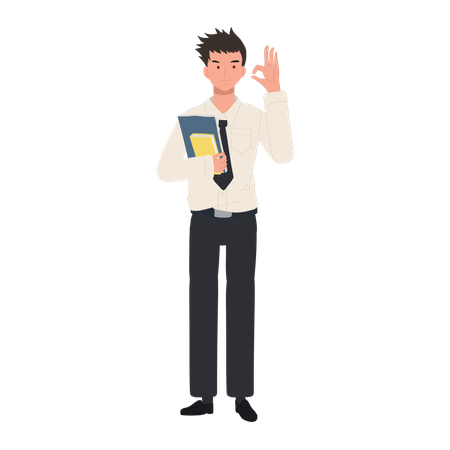 University Student Holding Books and doing OK hand sign gesture  イラスト