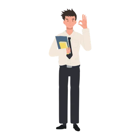 University Student Holding Books and doing OK hand sign gesture  イラスト