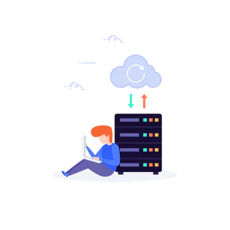 User Transferring data from cloud to server via laptop  Illustration