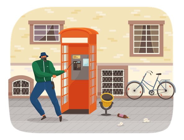 Vandal damaging the telephone booth on the town street  Illustration