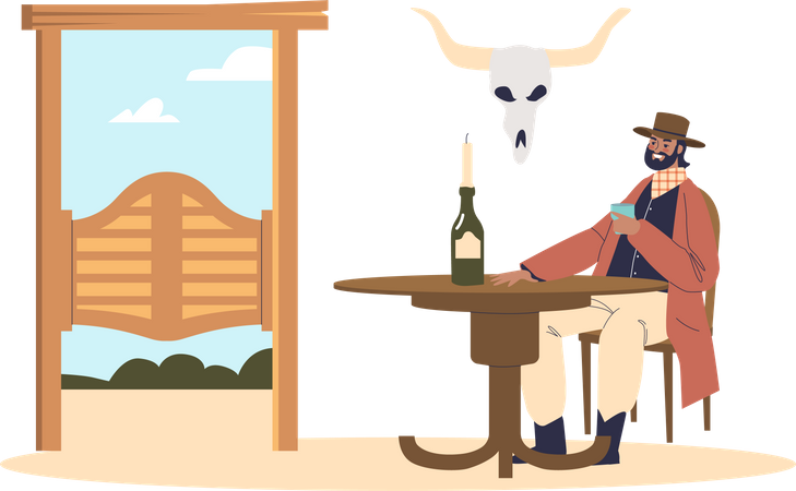 Vaquero en la mesa bebiendo alcohol  Ilustración