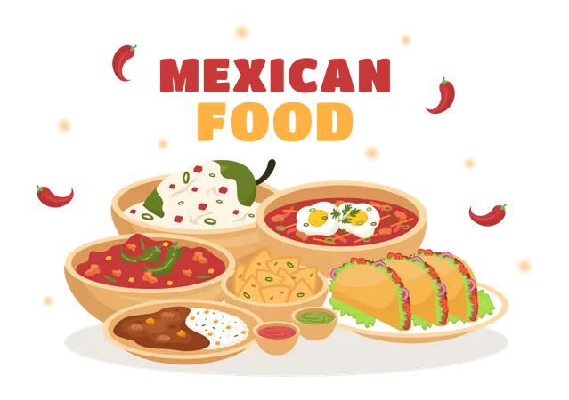 Variedade de comida mexicana saborosa  Ilustração