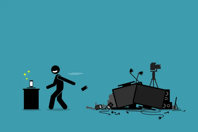 Vector artwork depicts a man throwing away old phone and other outdated devices to pursue newest technology and gadget  Illustration