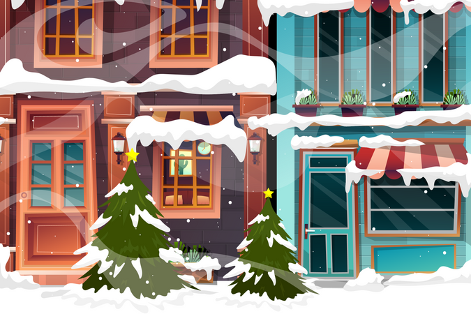 Vector illustration of Cityscape winter scenery with christmas tree and snowman in snowfall. Urban background A peaceful townscape set in snow all over Christmas. Winter city with buildings in snowy.  일러스트레이션