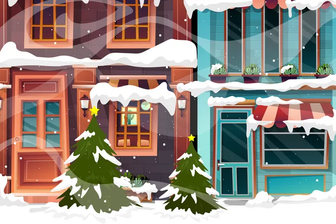 Vector illustration of Cityscape winter scenery with christmas tree and snowman in snowfall. Urban background A peaceful townscape set in snow all over Christmas. Winter city with buildings in snowy.  イラスト