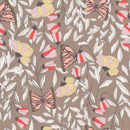 Vector traditional seamless pattern with Monarch butterflies, floral elements and spring flowers  Illustration