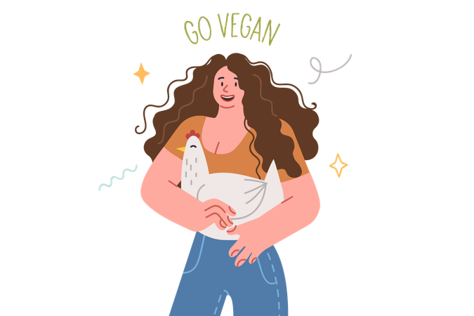 Vegan woman holds chicken with smile and wishes for animals  Illustration