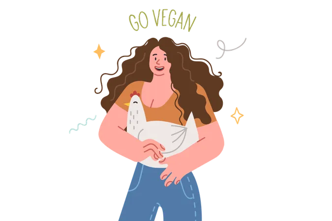 Vegan woman holds chicken with smile and wishes for animals  Illustration