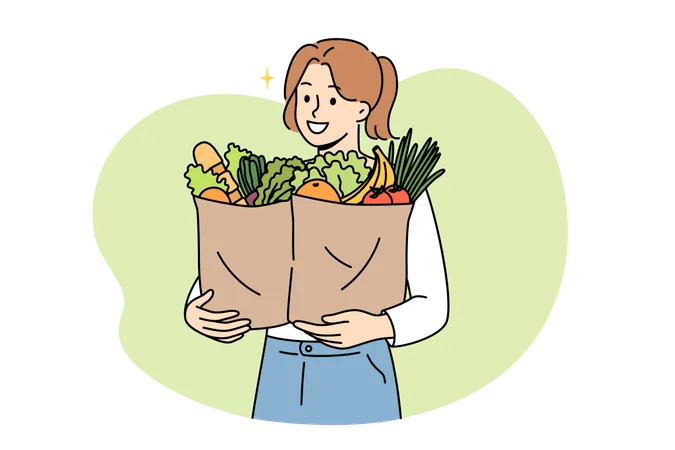 Vegan woman proudly carries paper bags with natural vegetables and fruits bought at farmers fair  Illustration