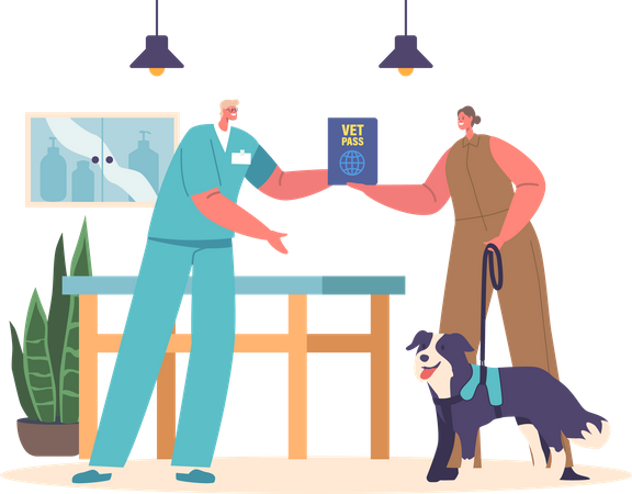 Vet doctor hands vet passport to pet owner  Illustration