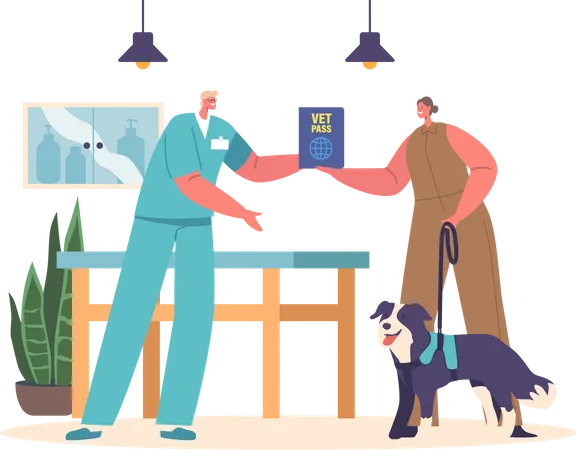 Vet doctor hands vet passport to pet owner  Illustration