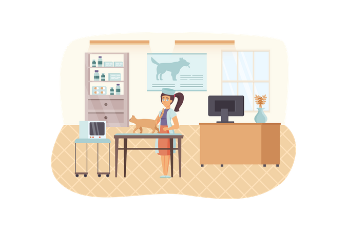 Veterinary clinic scene. Female veterinarian examining cat. Doctor's office interior. Vet medicine, pet care, healthcare, medical concept. Vector illustration of people characters in flat design  Illustration