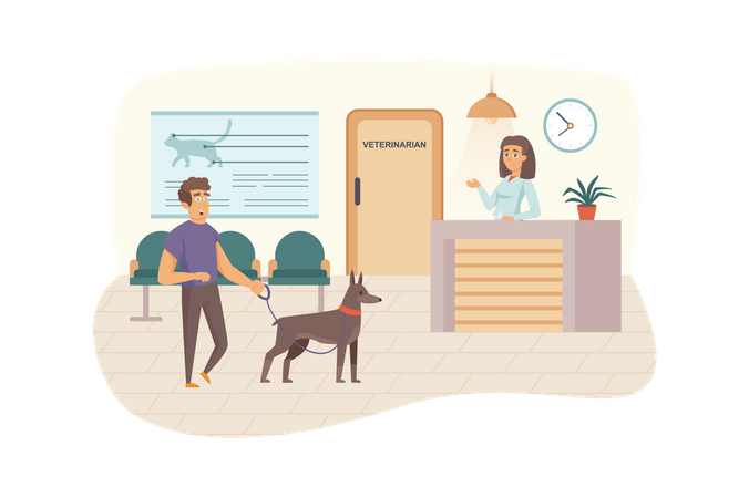 Veterinary clinic scene. Man with dog visits vet, waiting for doctor's appointment in reception. Veterinarian medicine and healthcare concept. Vector illustration of people characters in flat design  일러스트레이션