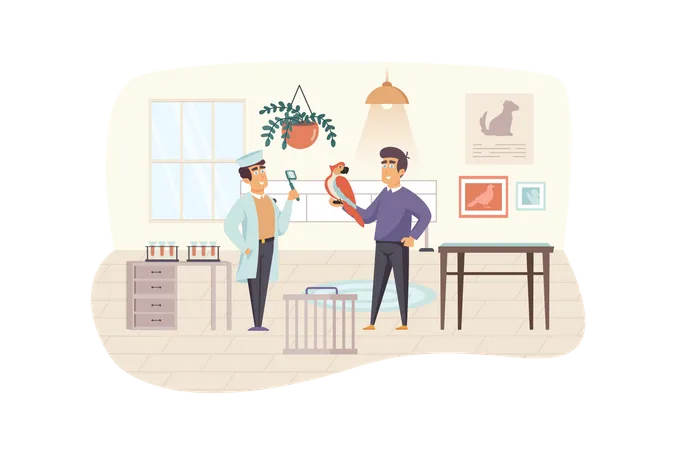 Veterinary clinic scene. Man with parrot visiting veterinarian, doctor examining bird. Medical office interior. Vet medicine, pet care concept. Vector illustration of people characters in flat design  イラスト