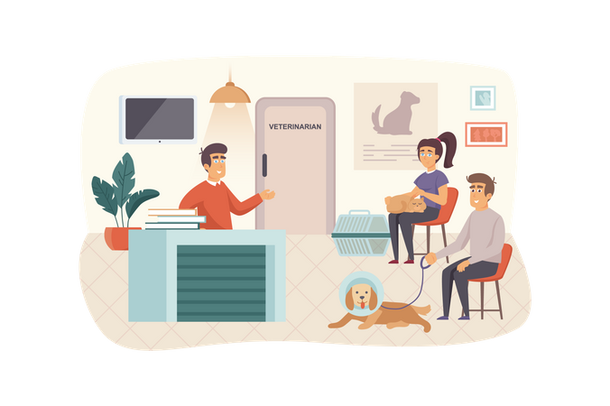 Veterinary clinic scene. Owners with pets waiting for their turn to see doctor. Woman with cat, man with dog. Veterinarian medicine concept. Vector illustration of people characters in flat design  イラスト