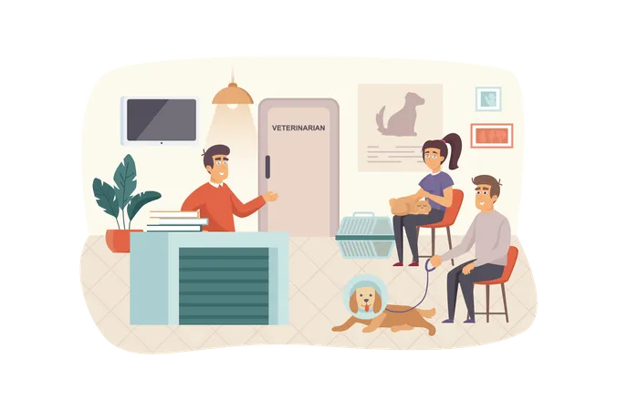 Veterinary clinic scene. Owners with pets waiting for their turn to see doctor. Woman with cat, man with dog. Veterinarian medicine concept. Vector illustration of people characters in flat design  일러스트레이션