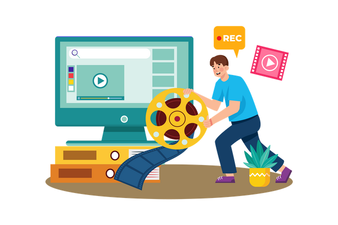 Video marketer optimizing video content for search engines  Illustration