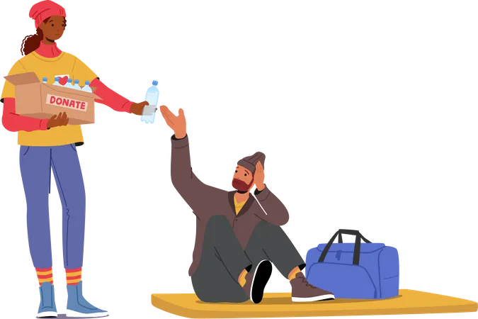 Volunteer Giving Water Bottle to Refugee Man Sitting on Floor Map in Shelter  Illustration