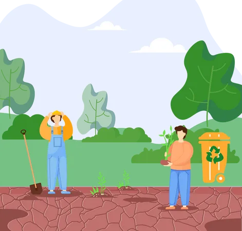 Volunteer people plant trees into dry ground  Illustration