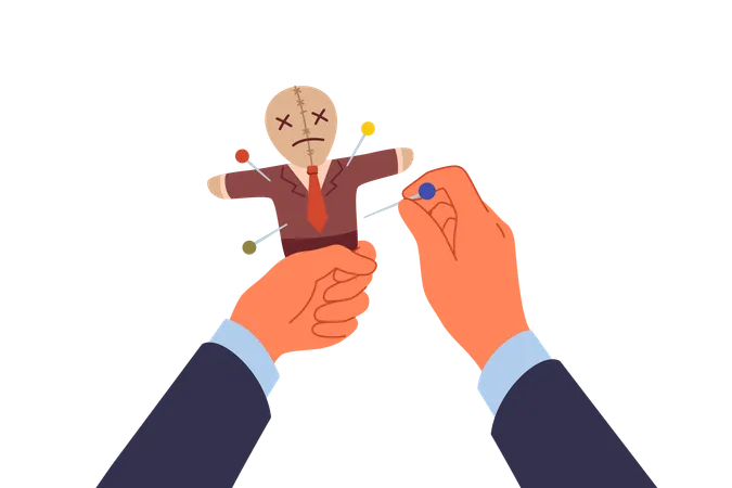 Voodoo doll in hands of businessman who uses black magic and pagan curses for unfair competition  Illustration