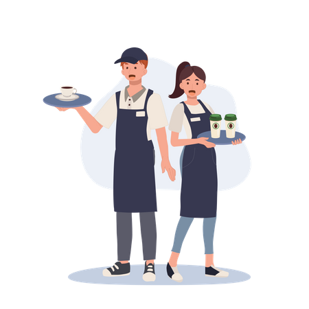 Waiter and waitress holding a tray with coffee  Illustration