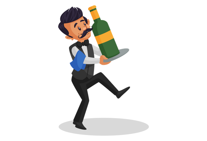 Waiter carrying champagne bottle on the plate  Illustration