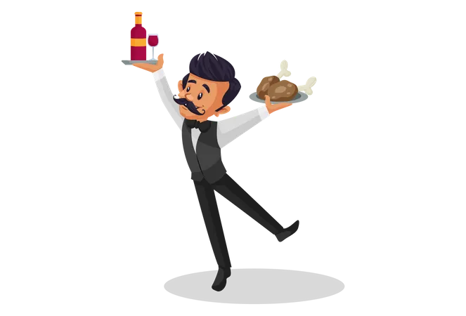 Waiter holding a chicken in one hand and a bottle plate in the other hand  Illustration