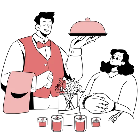 Waiter serving food to woman  Illustration