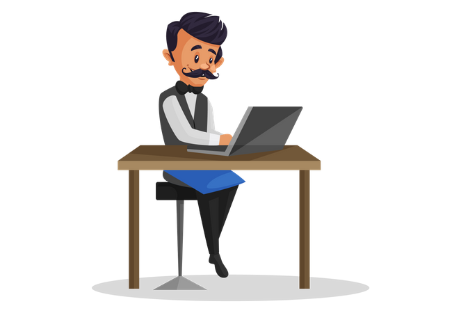 Waiter working on laptop  Illustration