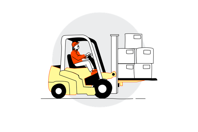 Warehouse worker using forklift to lift packages  Illustration