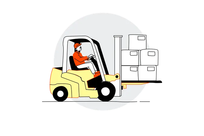 Warehouse worker using forklift to lift packages  Illustration